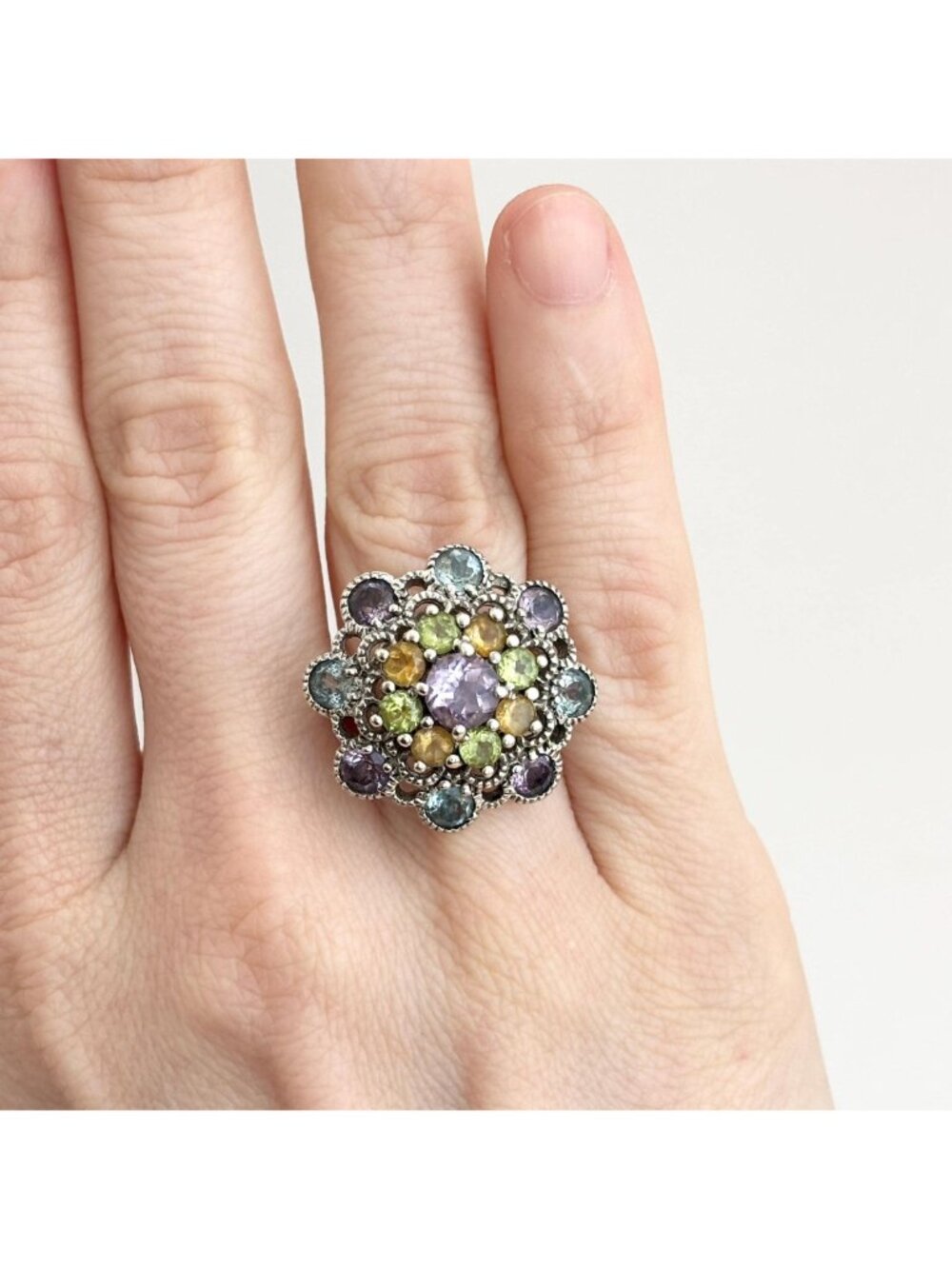 Cluster Rainbow Gemstone Blooming Flower Sterling Silver 925 Vintage Ring - sz 6 - Picture 14 of 16